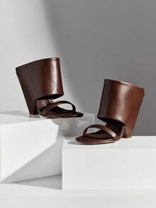 SHUZIA 精美女士巧克力色翻边高跟凉鞋，圆头设计，春夏时尚假日鞋履 - 巧克力棕 - 查看 7