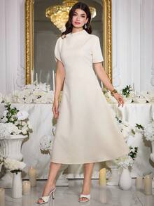 Modelyn Đầm dài nữ màu trơn, trang trí kim loại, phong cách tối giản thường ngày. - Màu be - Xem 5