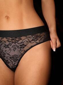 1pc Lace Patchwork Back Strap Women's Thong Panty - Black - View 5
