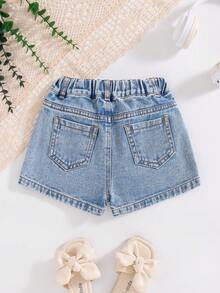 SHEIN Playful Pals Girls' Summer Denim Shorts,Sky Blue,Elegant Rhinestone Embellishment,Y2K Retro Design Streetwear,Elastic Waistband Soft Cotton Relaxed Fit,Medium Wash - Light Wash - View 3