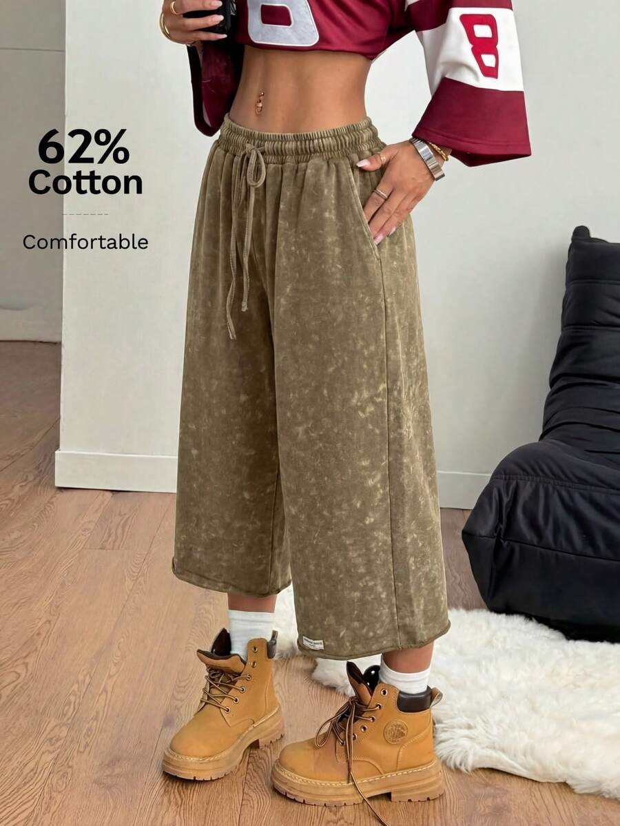 Coolane Women Summer Spring Streetwear Vintage Washed Distressed, Comfortable Denim Effect Black Shorts Wide Leg Capri Pants Loose - Rust Brown - View 1