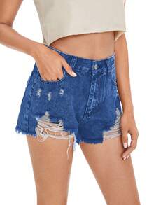 SHEIN Holidaya Shorts vaqueros de talle alto versátiles y desgastados, para el verano - Azul - Ver 5