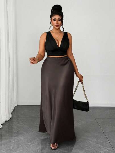 Maweii Women's Elegant Satin Solid Color High Waist Mermaid Hem Skirt, Suitable For Daily Wear, Vacation, Hanging Out With Friends