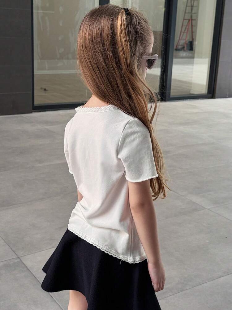 Girls Lace Patchwork V-Neck Slim Fit Undershirt (Small)