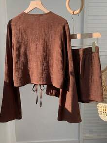 SHEIN EZwear 女士棕色休闲系带长袖上衣和短裤家居服套装 - 棕色 - 查看 2