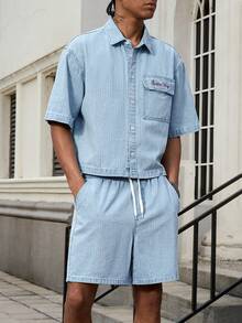 GALLERY FADE 男士街头时尚休闲条纹刺绣蓝色牛仔套装 - 淺色水洗藍 - 查看 1