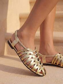 Swim Chiccia 女士时尚休闲编织镂空透气罗马平底凉鞋 - 金色 - 查看 3