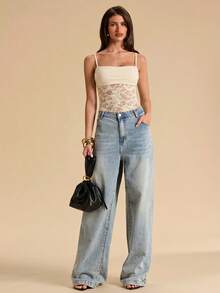 SHEIN BAE Áo hai dây ren đen phối ren mỏng gợi cảm, áo hai dây ren đen mùa hè, thích hợp cho các lễ hội âm nhạc, áo hai dây gợi cảm để đi chơi. - Màu be - Xem 3