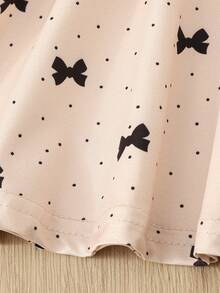 SHEIN Baby GirlApricot & Black Polka Dot Bow Print Dress With Cute Bow Decor - Apricot - View 5