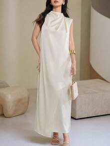 Heiryn New Design Niche Stand Collar Ruffle Lightweight Formal Dress, Luxury Daily Commute Dress,Summer Dresses For Women Formal Off-White Elegant - Apricot - View 4