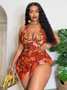 Slaydiva Maillot de bain grande taille Printemps/Été 2026, imprimé floral et feuillage coloré, col en V profond, côtés froncés, bordure en maille, taille haute. Tenue sexy pour la plage et la piscine en vacances - Multicolore - Voir 6
