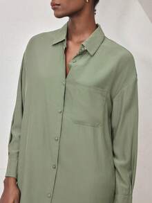 Ocili Soft & Comfortable Mandarin Collar Long Sleeve Maxi Dress With Shell Buttons, Viscose & Cotton Blend Sleepwear For Women - Dark Green - View 7