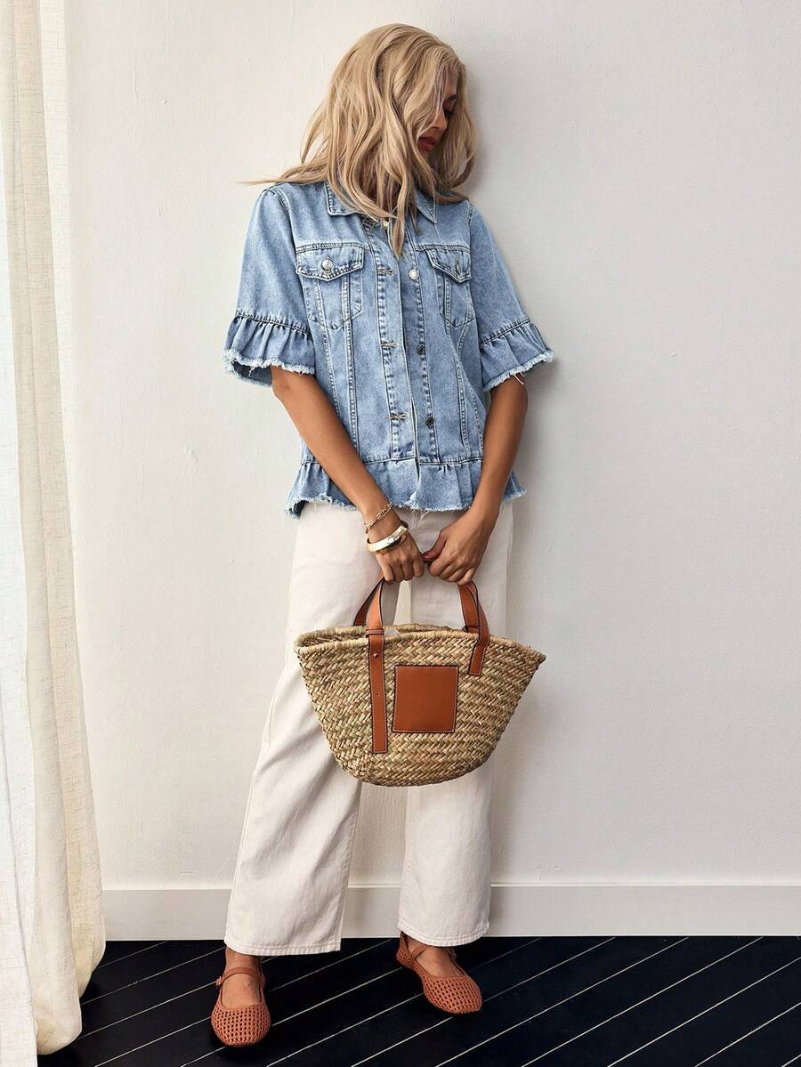 SHEIN Holidaya Áo khoác denim nữ thời trang, đa năng, cài nút, viền bèo nhún - Rửa nhẹ - Xem 1