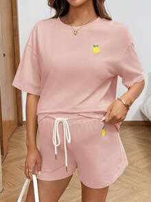 Lyckli Maternity Lemon Embroidery Short Sleeve T-Shirt And Shorts Casual 2 Pieces Set - Pink - View 3