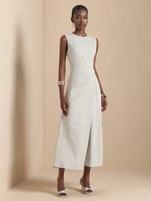Vesra Spring/Summer New Round Neck Sleeveless Pleated Front Button Tie Waist Elegant Casual Long Dress For Women - Light Grey - View 6