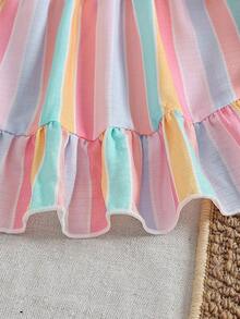 SHEIN Đầm không tay in sọc cầu vồng cho bé gái, có bèo nhún ở gấu, chất vải nhăn mềm mại, kiểu dáng giản dị, dễ thương, thanh lịch, đa năng cho các dịp xuân/hè như đi chơi, đi học, công viên, du lịch, tiệc tùng. - Nhiều màu - Xem 7
