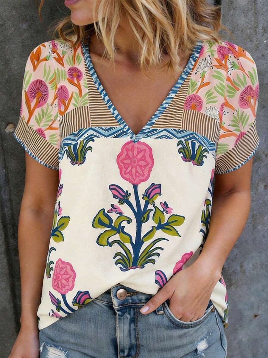 Selamara Áo thun nữ cổ chữ V in kỹ thuật số, kiểu dáng thường ngày, họa tiết hoa phong cách Bohemian. - Nhiều màu - Xem 1