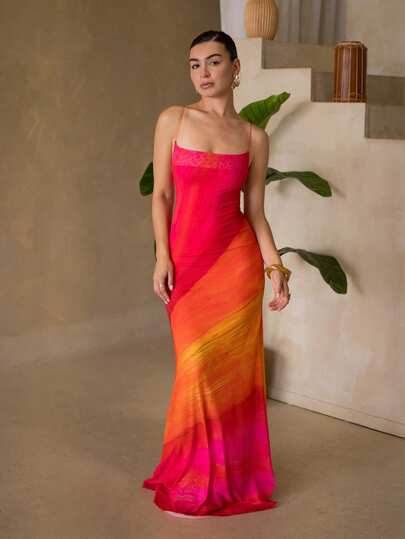 Andrea Bello 全新度假风格彩虹渐变色网眼印花露背超长波西米亚风连衣裙