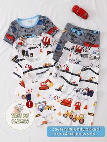 4 ensembles livraison aléatoire 2 ensembles, pyjamas ajustés fins pour garçons d'été, imprimé de voitures et d'avions de dessin animé, tissu doux et confortable extensible, haut à manches courtes et shorts 4 pièces - Multicolore - Voir 1
