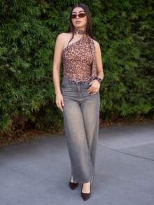 Andrea Bello 豹纹露背上衣，不对称上衣，Y2k 服装 - 銅色 - 查看 4