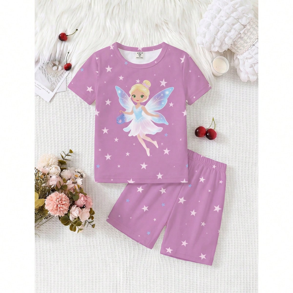 Conjunto de pijama de 2 piezas para niña con estampado de estrella de hada soñadora que brilla en la oscuridad, de tela elástica de punto suave y c