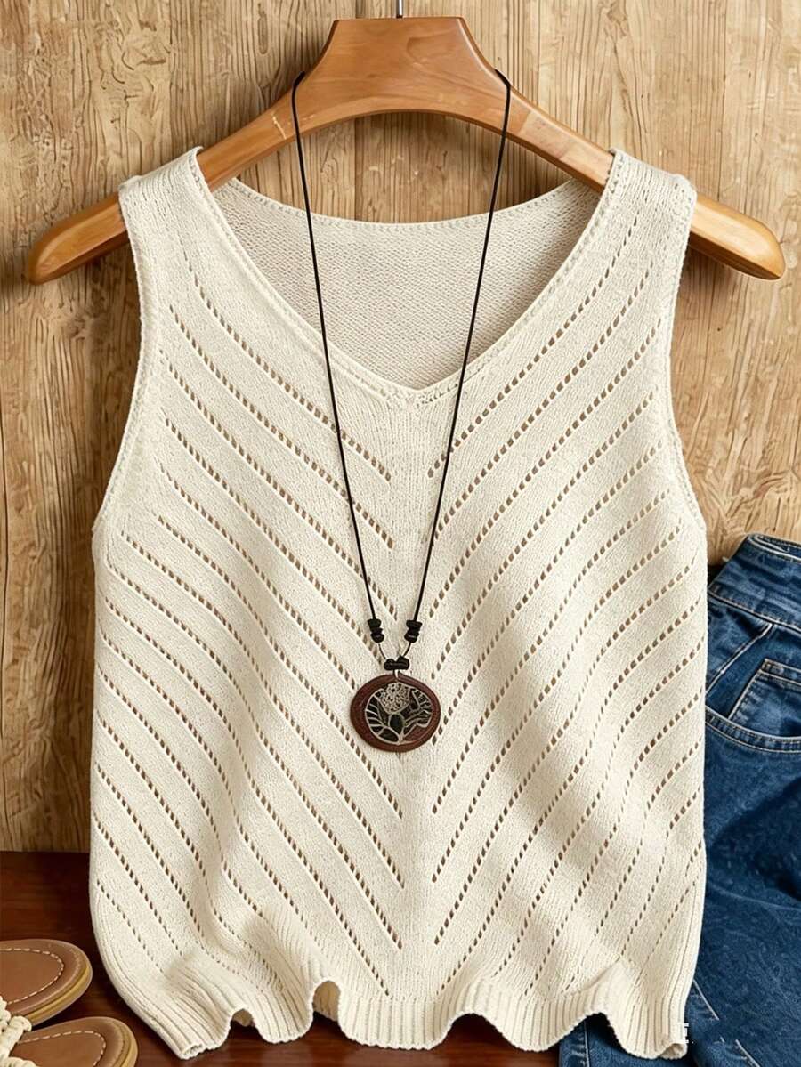 EMERY ROSE Blusa sin mangas de punto de unicolor con diseño calado para mujer - Albaricoque - Ver 1