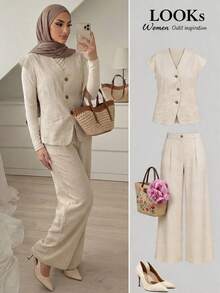 SHEIN Clasi Women's Casual Sexy Solid Color Top Pants 2 Pieces Set Teachers' Day Golf Pastal Summer - Apricot - View 1