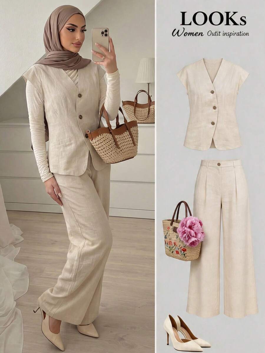 SHEIN Clasi Women's Casual Sexy Solid Color Top Pants 2 Pieces Set Teachers' Day Golf Pastal Summer - Apricot - View 1