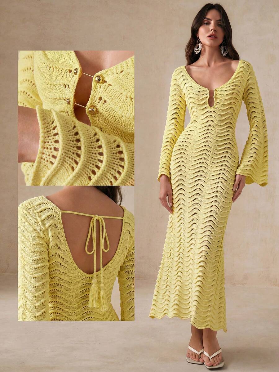 Anewsta Solid Color Sexy Hollow Wave Flare Sleeve Beach Dress - Pale Yellow - View 1