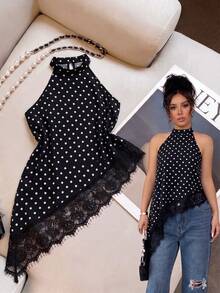 Rafferiza Áo hai dây cổ yếm phối ren, vạt lệch in chấm bi dành cho nữ. - màu đen - Xem 1