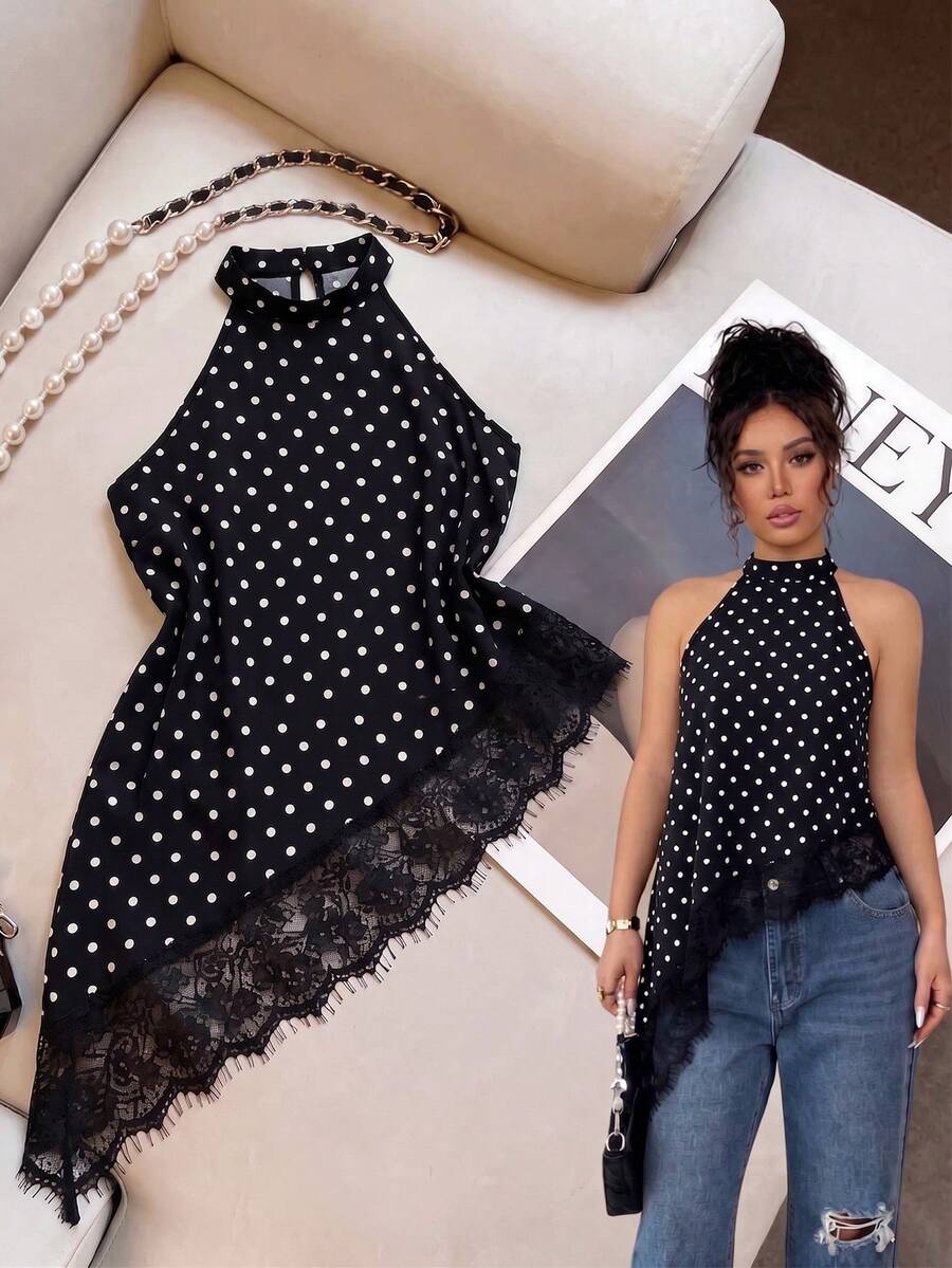 Rafferiza Áo hai dây cổ yếm phối ren, vạt lệch in chấm bi dành cho nữ. - màu đen - Xem 1