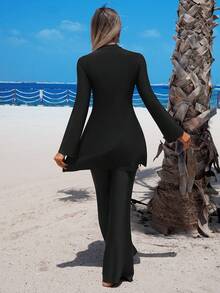 SHEIN Swim Mulvari 2026春夏女士沙滩连衣裙，中东泳装，女士比基尼，两件套，优雅浪漫荷叶边下摆沙滩度假连衣裙，套头喇叭袖长袖连衣裙上衣，高腰喇叭裤，荷叶边下摆，多色可选，黑色，性感奢华，优雅知性，浪漫度假，2026春夏新款，新年，情人节，返校季，旅行季，适合度假、海滩、下午茶野餐、派对、日常穿着、休闲、户外运动，时尚套装 - 黑色 - 查看 2
