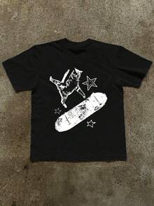 Women's Casual Cat Skateboard Print T-Shirt, Summer - Black - View 1