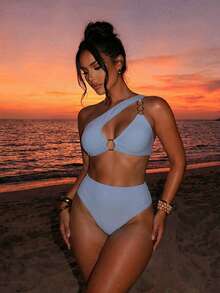 Swim SXY Conjunto de bikini de un solo color con abertura asimétrica, para el verano - Celeste - Ver 1