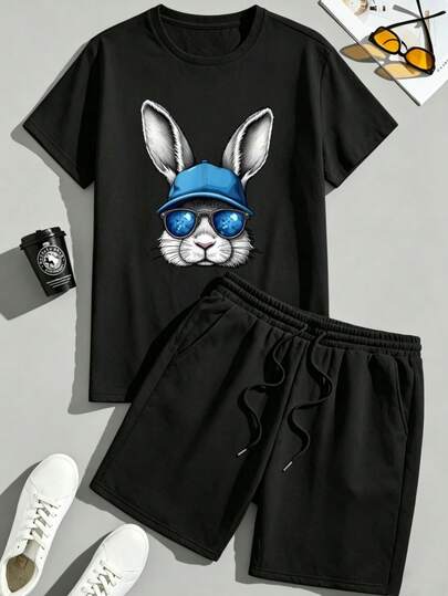Hombre002y007 Conjunto de camiseta estampada negra y pantalón corto negro, ropa deportiva con envío desde México, flexible, transpirable y cómoda, para entrenamientos