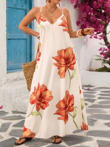 Breezaya Vestido Plus Size de Estilo Casual de Férias com Estampa Aleatória e Costas Abertas para Mulheres - Laranja - Visão 7