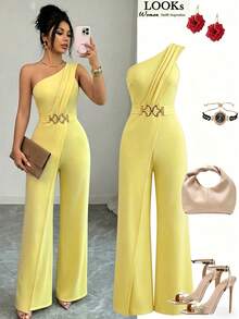 SHEIN Elenzya Bộ áo liền quần nữ màu trơn, kiểu dáng thường ngày, thoải mái. - Màu vàng - Xem 3