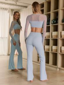 SHEIN Aralina-E Leisurewear Active Women's 2pcs Spot Mesh Long Sleeve Top And Pilates Pant Gym Workout Two Pieces Set - Dusty Blue - View 2