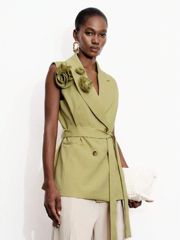 Aveloria Modichic Áo blazer nữ không tay, tối giản, thanh lịch, chất lượng cao, đa năng, phù hợp cho công sở và sinh hoạt hàng ngày, tinh tế với cổ áo và thắt lưng trang trí 3D.