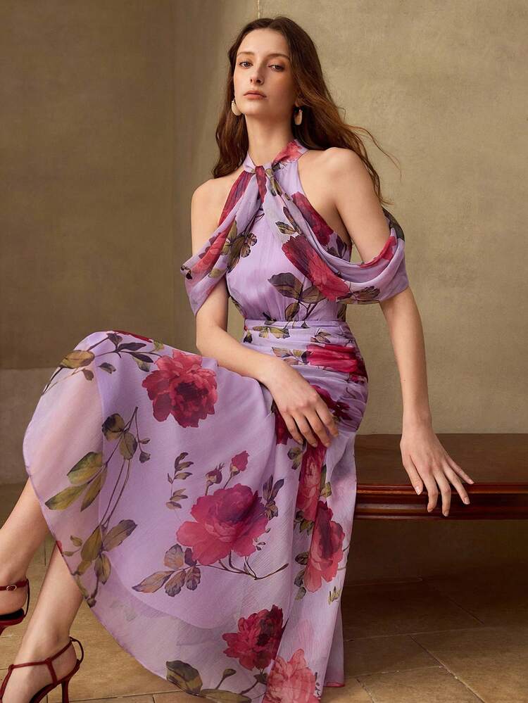 WOMEN'S FLORAL PRINT RUCHED HALTER ELEGANT DATE LONG DRESS, SPRING/SUMMER