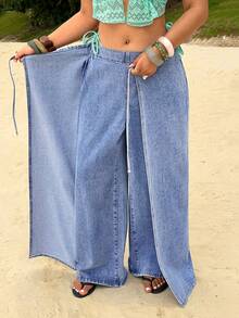 Sunnyshic Jeans de tiro alto, sueltos, de nuevo estilo, con parches y lazo - Azul - Ver 7