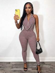 SHEIN BamGlam Randig jumpsuit med djup halsringning för kvinnor - Bourgogne - Visa 1