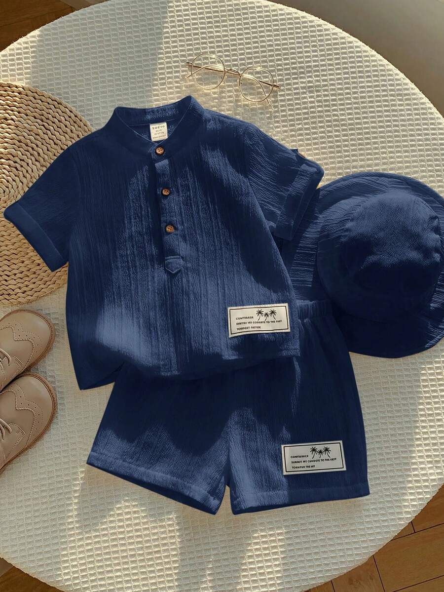 SHEIN 2pcs Baby Boy Casual Cute Vacation Style White Short Sleeve Shirt And Shorts Set, Suitable For Spring/Summer - Navy Blue - View 1
