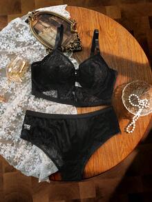 Divavoom 2 piezas Conjunto de sujetador y ropa interior de encaje con aros para mujer de talla grande - Negro - Ver 5