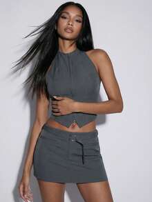 Normani 女士夏季休闲简约纯色拉链前开露背吊带上衣和系带半身裙两件套 - 深灰色 - 查看 8