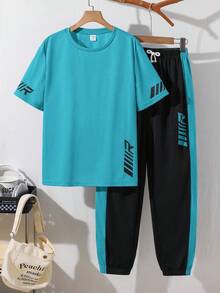SHEIN 2件套青少年男童/青少年男童休闲日常舒适印花圆领宽松短袖T恤和印花撞色直筒针织裤套装 - 綠色 - 查看 3