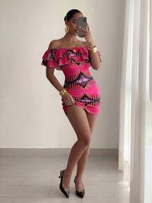 Elenzga Women's Elegant Fitted Off-Shoulder Ruffle Hem Print Bodycon Mini Dress, Summer - Multicolor - View 6