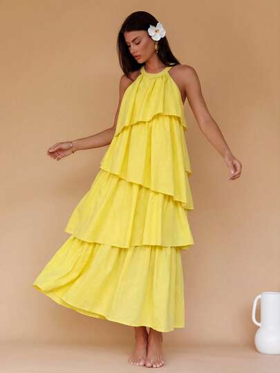 EURMUSE Gelbes Midi-Kleid - Ärmellos, Volant-Design in Lagen, weich fließende Silhouette