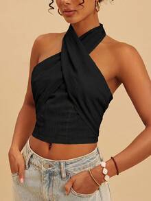 Travachic Women's Solid Color Woven Halter Neck Camisole, Spring/Summer,Summer Top - Black - View 4