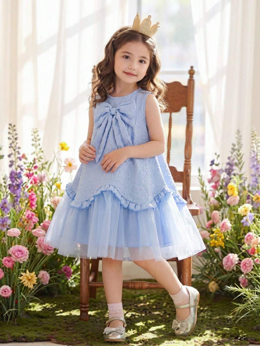 Elladie kids 夏季女童藍色花朵花童裙，無袖刺繡薄紗A字公主裙附大蝴蝶結，優雅小女孩生日派對外出穿著服飾 - 藍色 - 查看 1